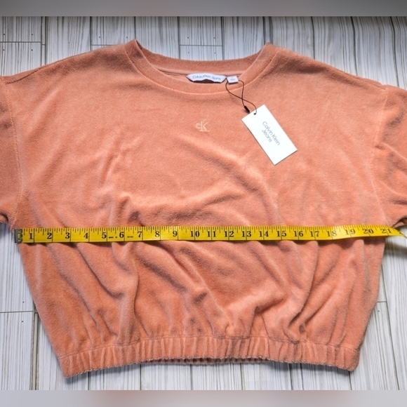 Calvin Klein Jeans Banded Hem Terry Crop Top Sweater in Coral Size Large NWT - Picture 6 of 8
